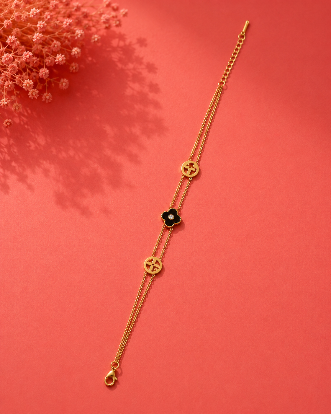 Gold Double-Layer Clover Charm Bracelet – Black Floral Accent Adjustable Bracelet