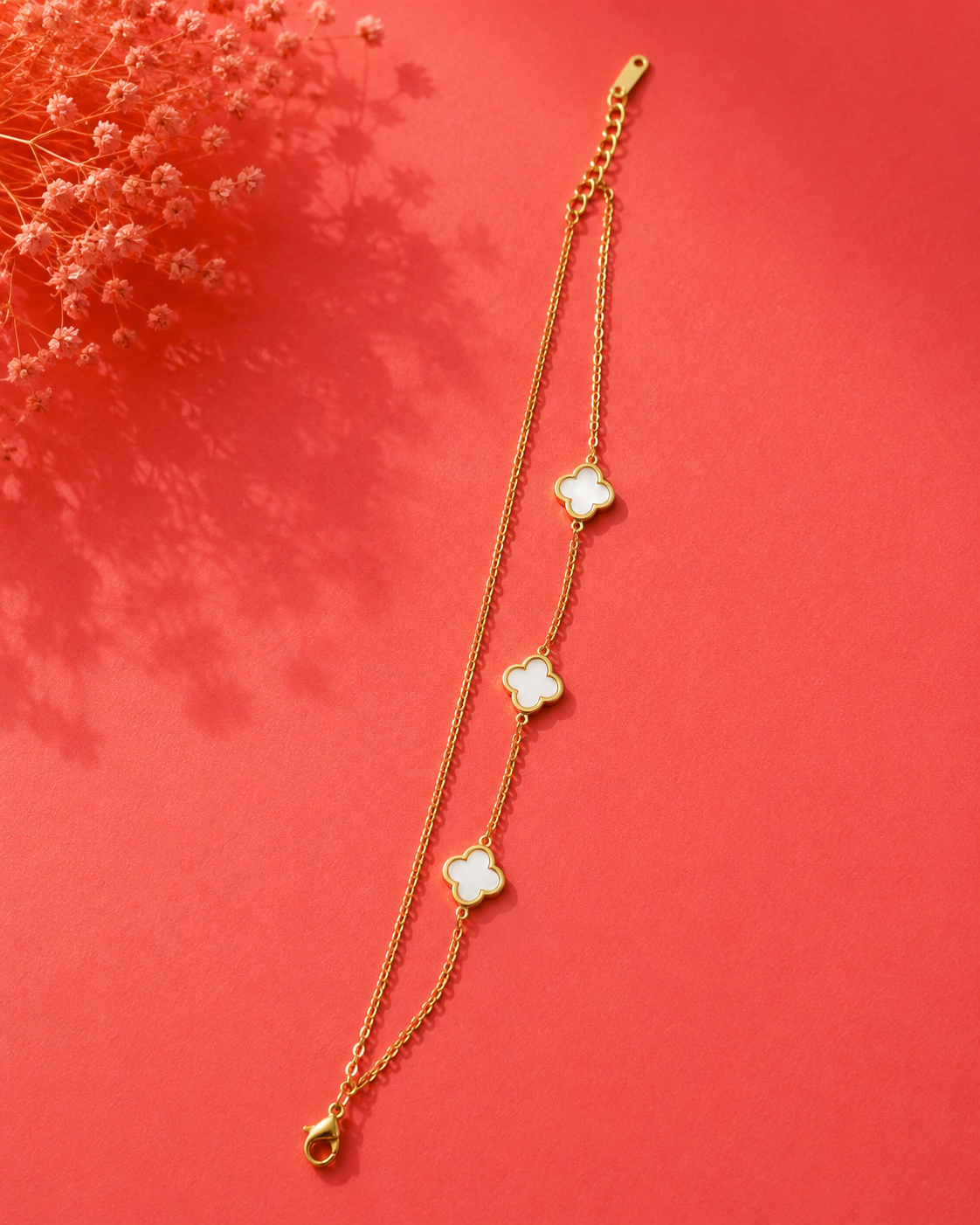 Gold Clover Charm Bracelet – White Enamel Floral Link Chain