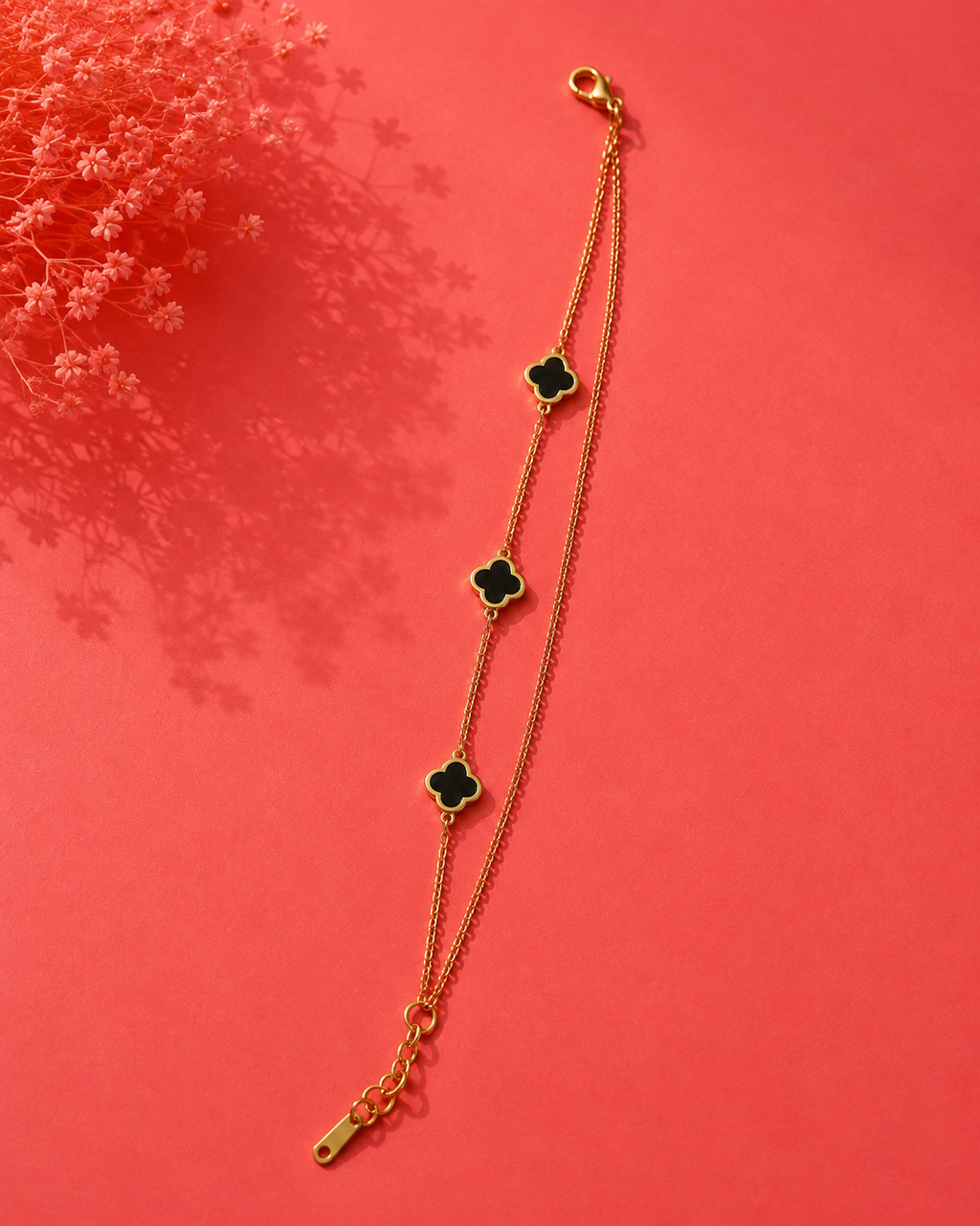 Gold Clover Charm Bracelet – Black Enamel Floral Link Chain
