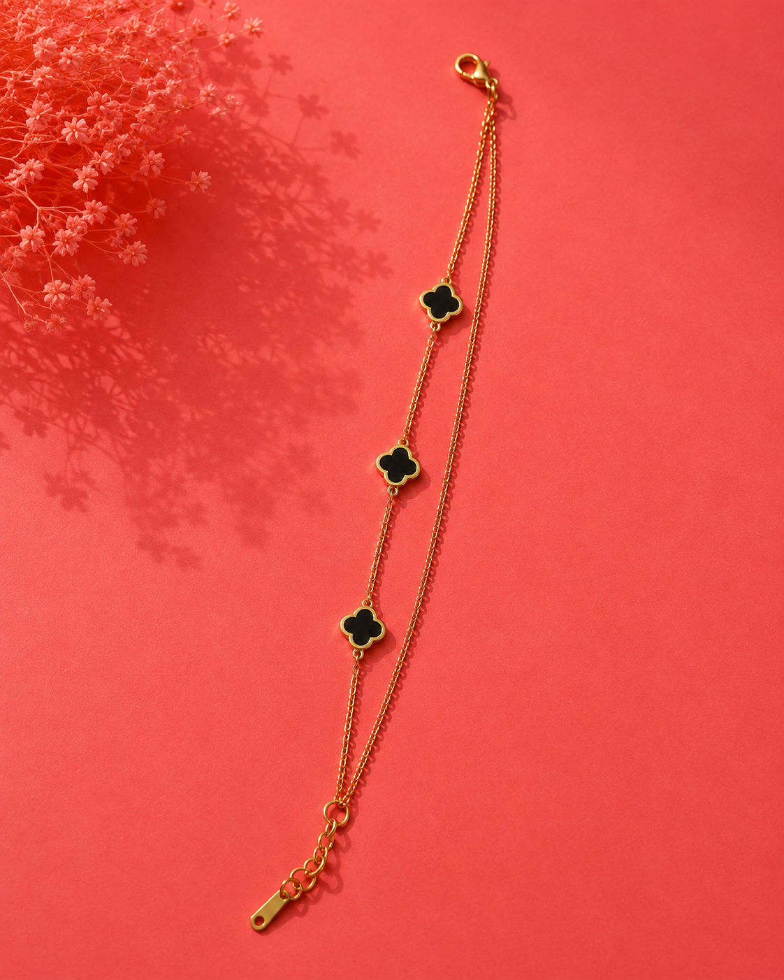 Gold Clover Charm Bracelet – Black Enamel Floral Link Chain