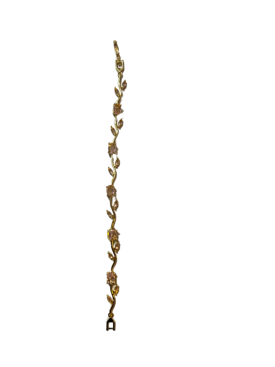 Golden Floral Vine Bracelet with Pink Crystal Accents