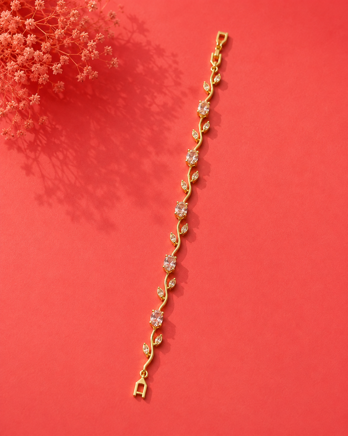 Golden Floral Vine Bracelet with Pink Crystal Accents