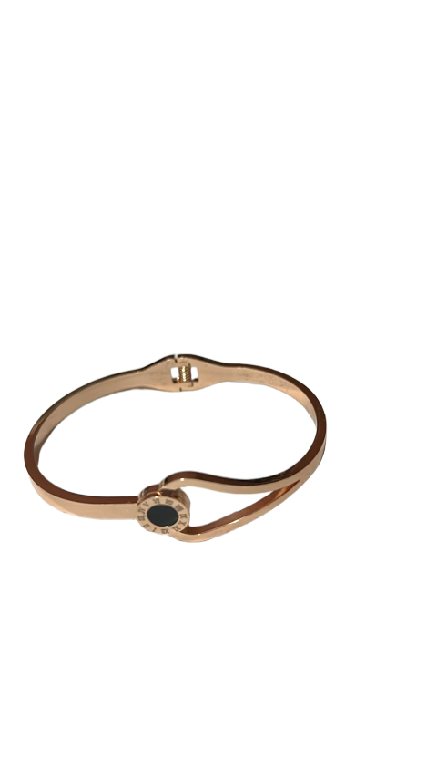 Rose Gold Roman Dial Black Stone Cuff Bracelet for Women | Elegant Stainless Steel Kada