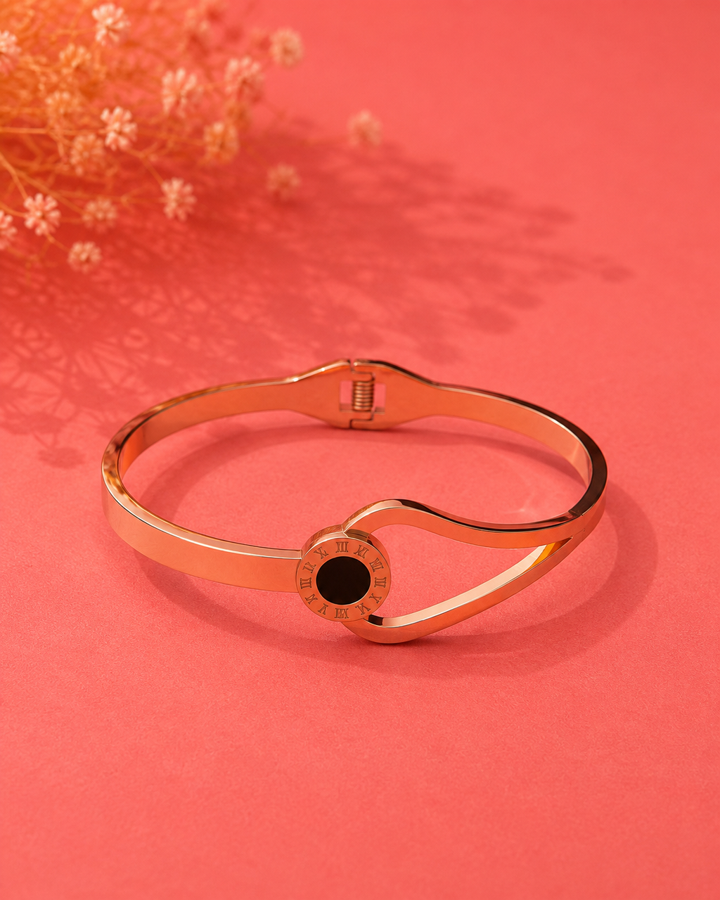 Rose Gold Roman Dial Black Stone Cuff Bracelet for Women | Elegant Stainless Steel Kada