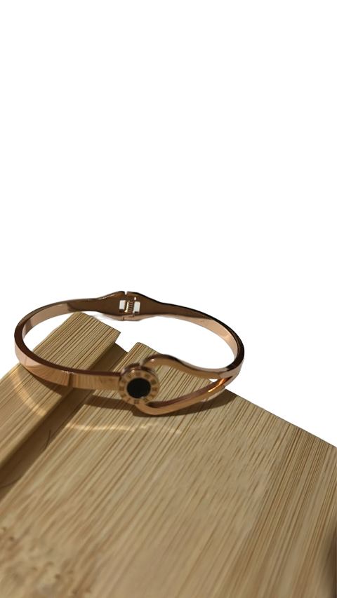 Rose Gold Roman Dial Black Stone Cuff Bracelet for Women | Elegant Stainless Steel Kada