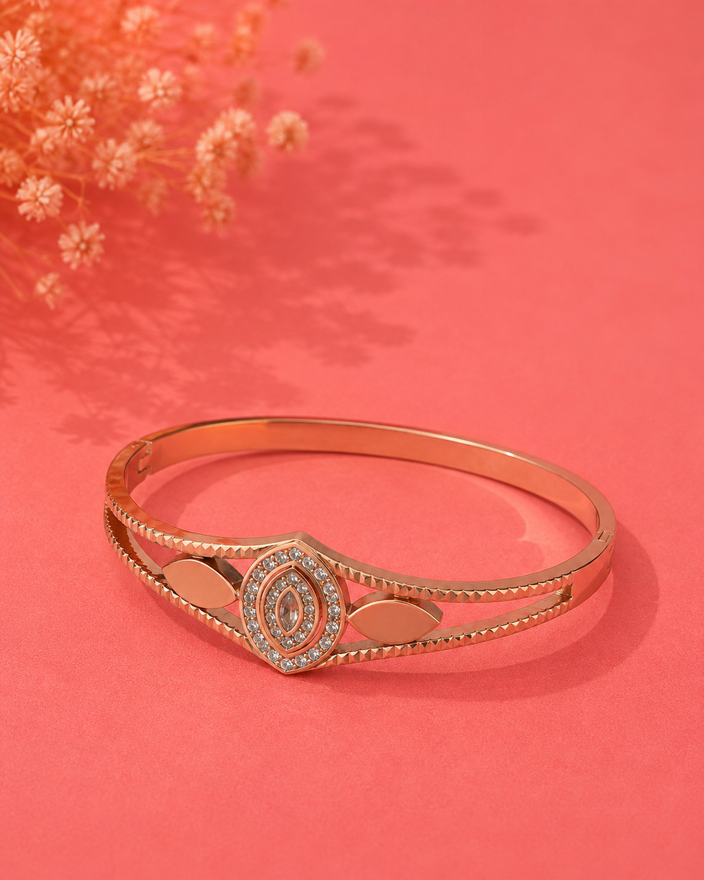 Rose Gold Crystal Leaf Cuff Bracelet for Women | Elegant Stainless Steel Kada