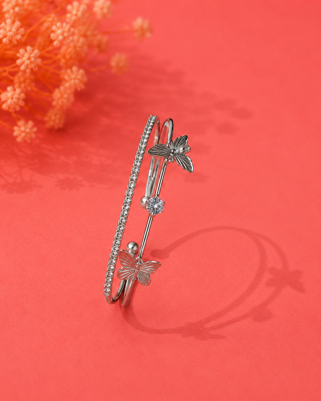Silver Butterfly Crystal Open Cuff Bracelet for Women | Elegant Adjustable Bracelet