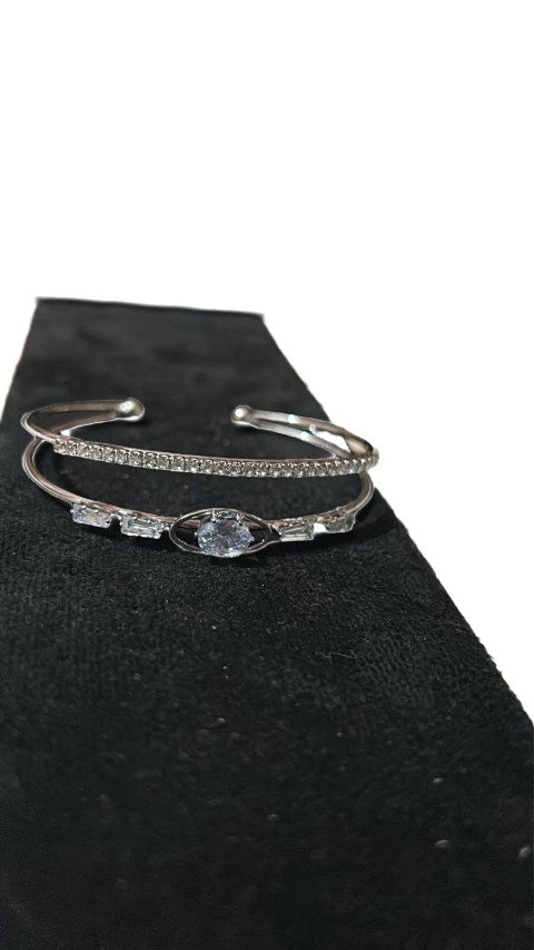 Silver Crystal Duo Open Cuff Bracelet for Women | Elegant Adjustable Bracelet