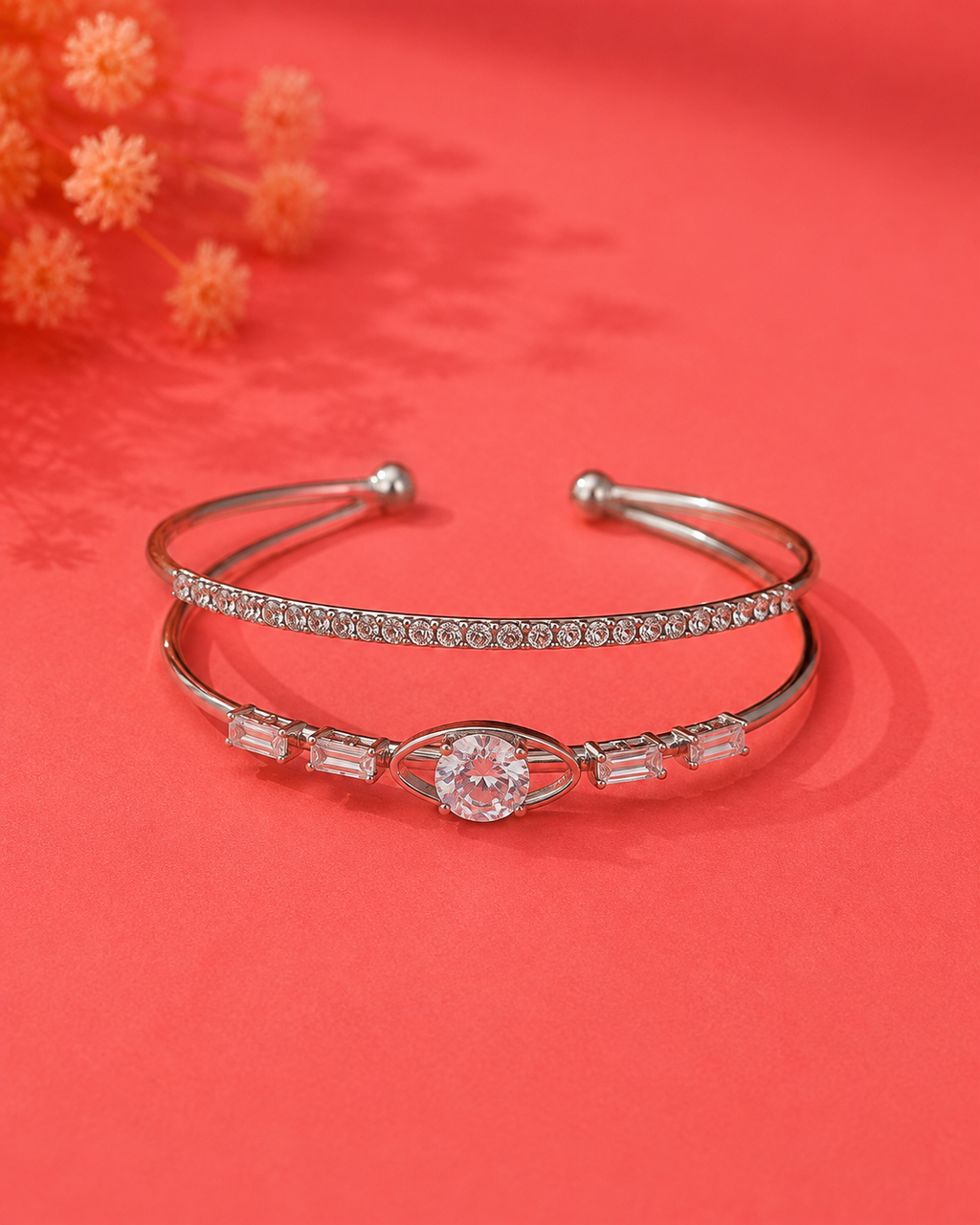 Silver Crystal Duo Open Cuff Bracelet for Women | Elegant Adjustable Bracelet