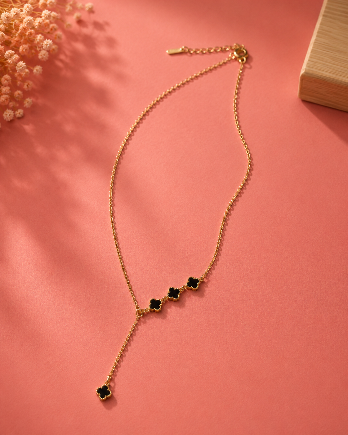 Black Clover Y-Shape Gold Pendant Necklace for Women