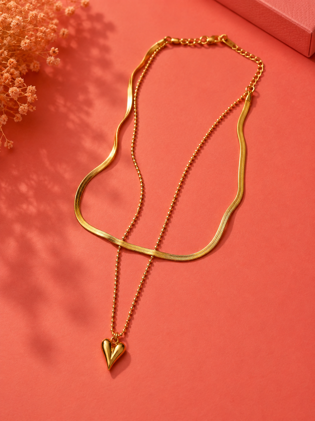 Layered Heart Pendant Double Chain Necklace