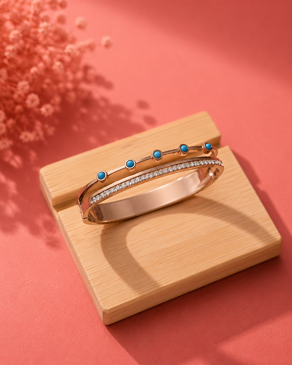 Rose Gold Dual-Layer Crystal & Turquoise Open Cuff Bracelet for Women