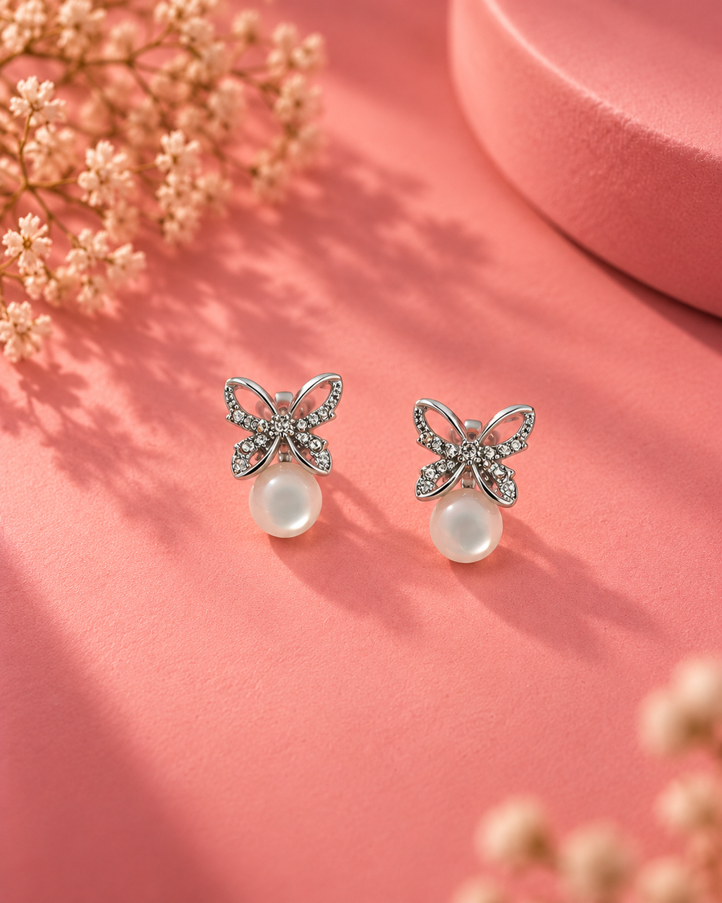 Silver Butterfly Pearl Drop Earrings