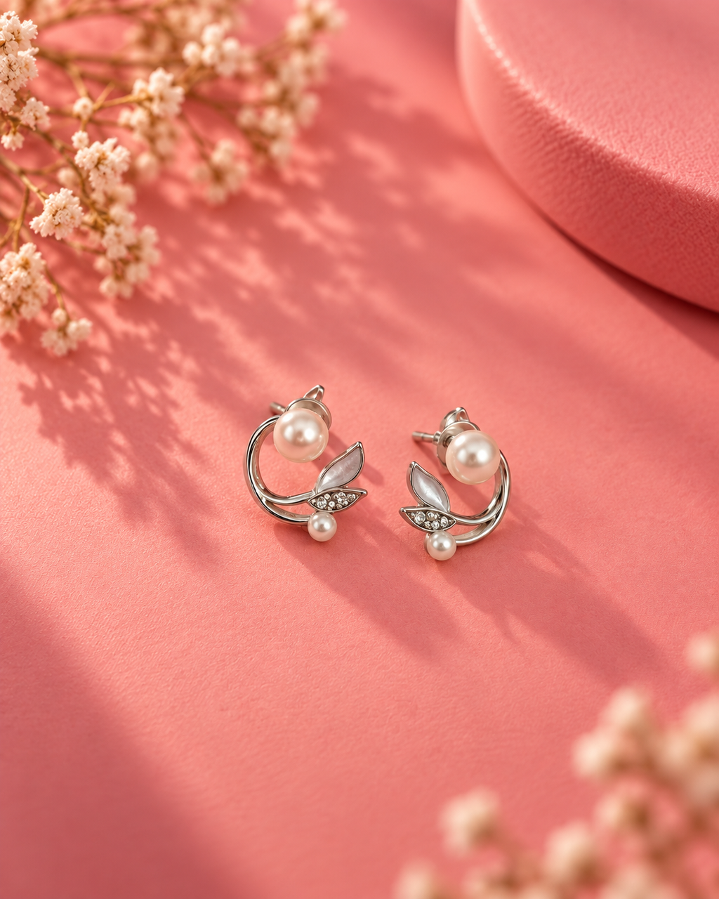 Pearl Leaf Crystal Stud Earrings
