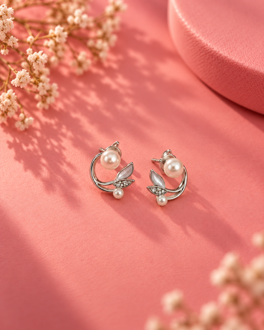 Pearl Leaf Crystal Stud Earrings