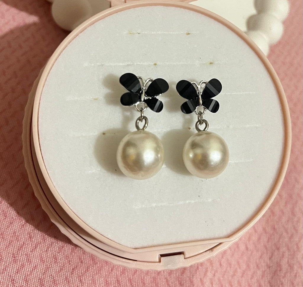 Midnight Pearl Butterfly Drop Earrings