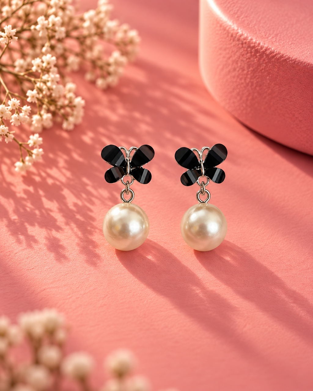 Midnight Pearl Butterfly Drop Earrings