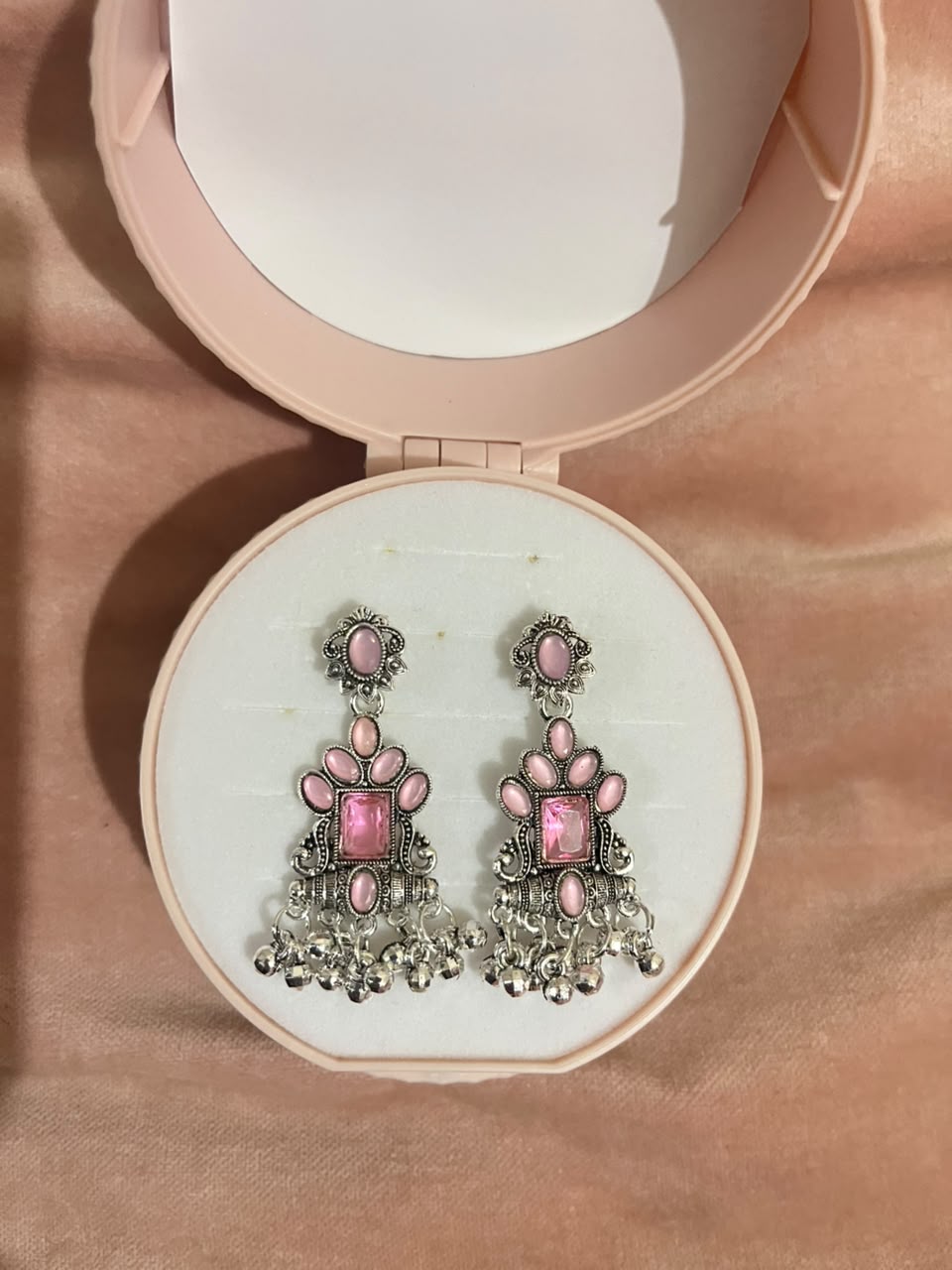 Pink Stone Antique Jhumka Earrings
