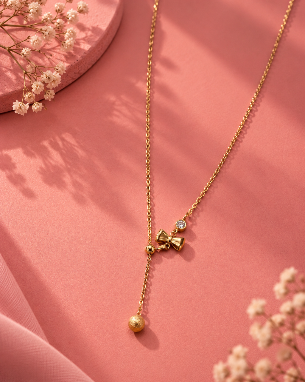 Golden Bow & Drop Charm Necklace
