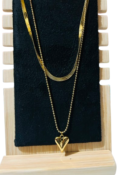 Layered Heart Pendant Double Chain Necklace